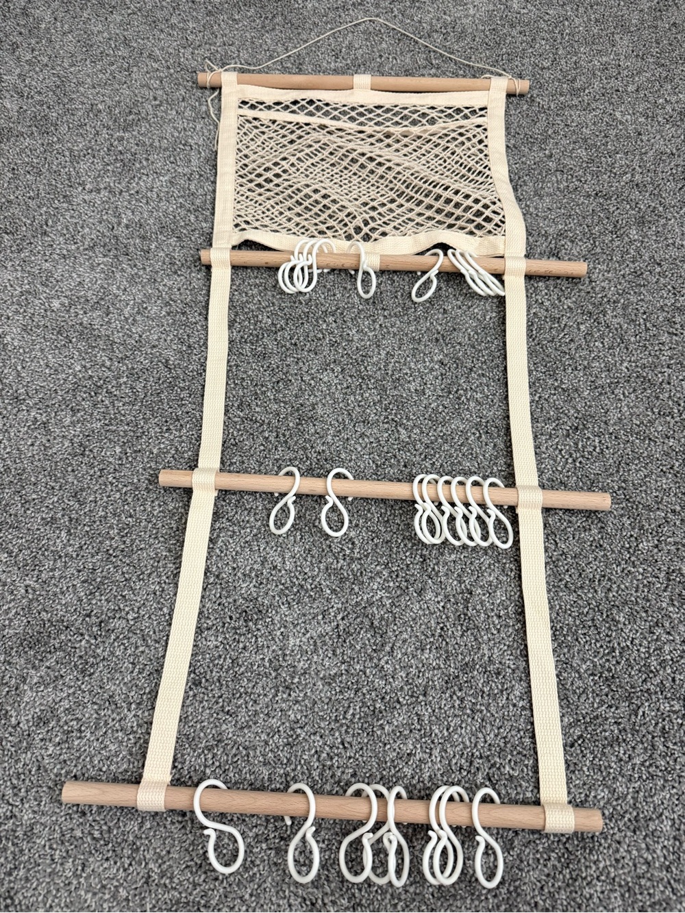 Beige Rope & Wood Hanging Organizer with Hooks
